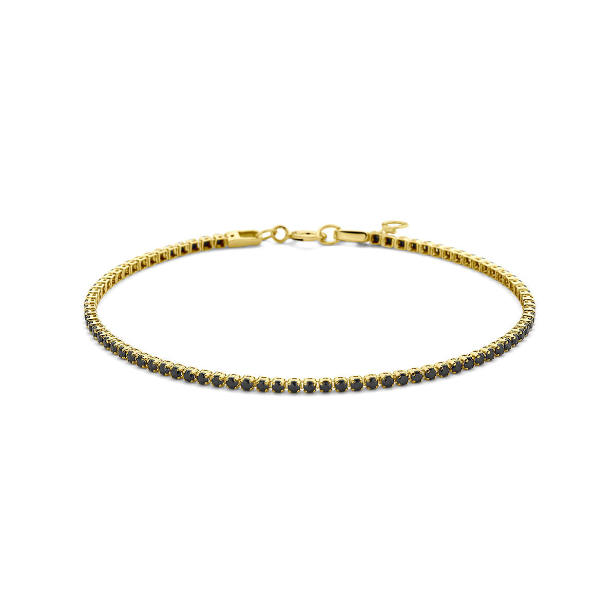 Pulsera de tenis de espinelas negras de 1,5 mm, en oro amarillo de 14K, con cierre.