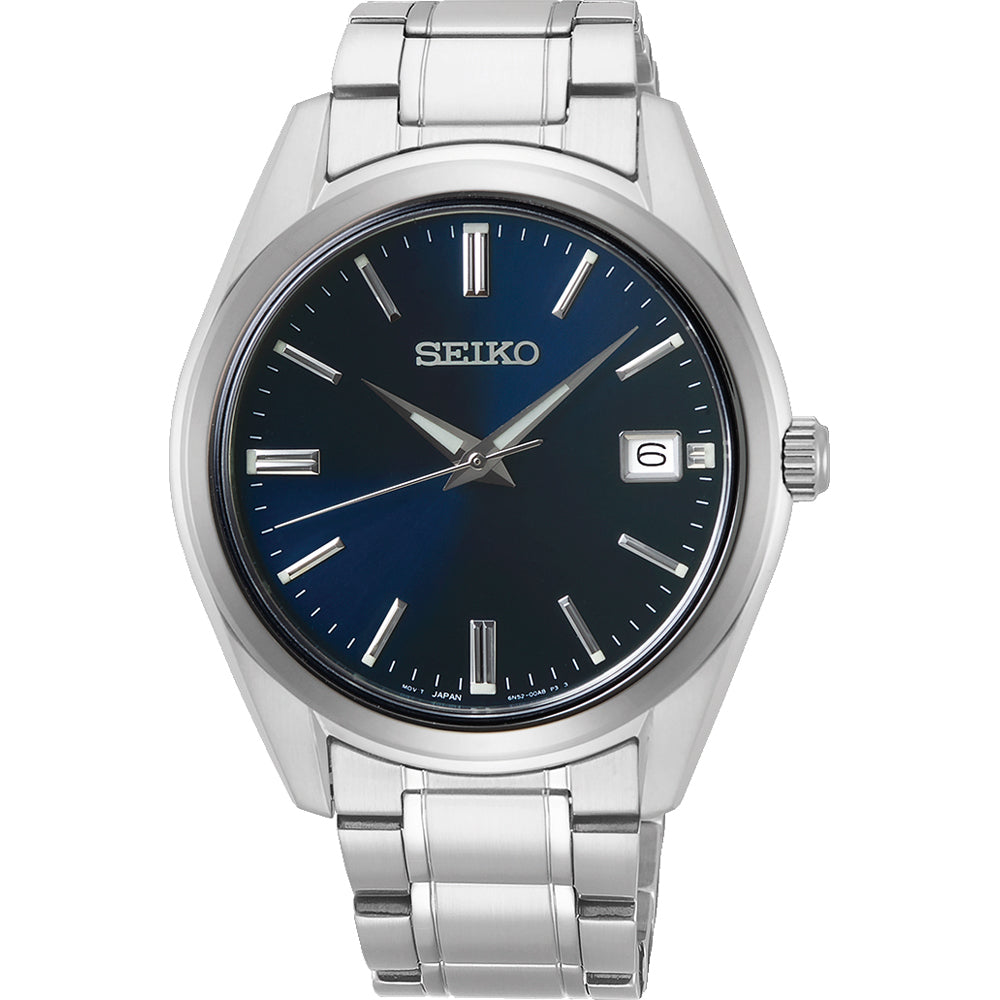 Reloj de hombre Seiko con esfera azul, caja de acero inoxidable y pulsera de acero.