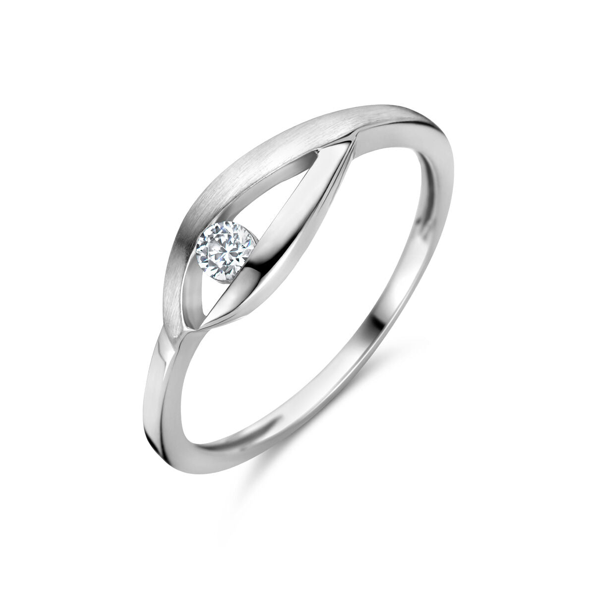 Anillo de plata rodiada con acabado pulido y mate, decorado con una gota de circonita.