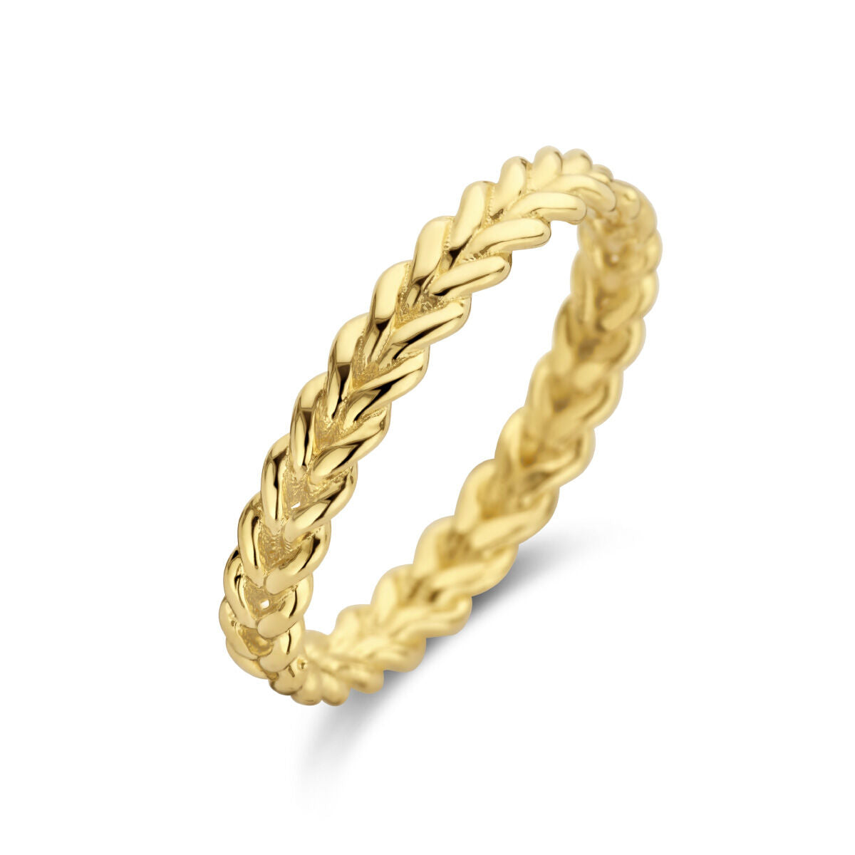 Anillo de oro amarillo de 14 quilates con diseño trenzado.