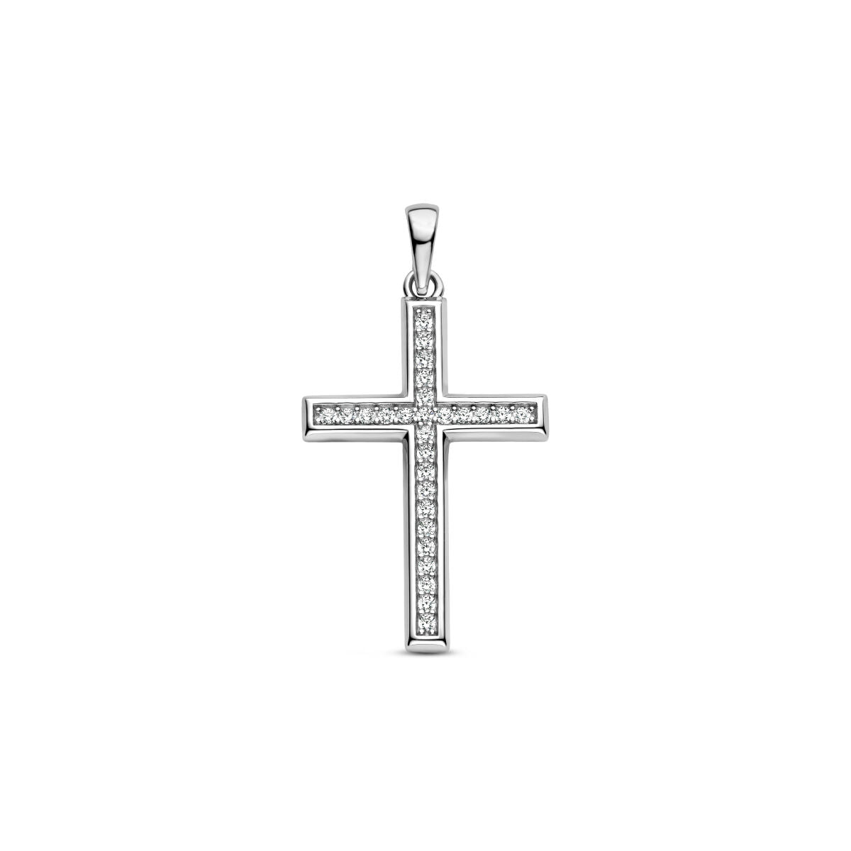 De Van der Kooij Collectie hanger kruis zirkonia zilver gerodineerd dankzij zirkonia's en is te zien op een witte achtergrond.