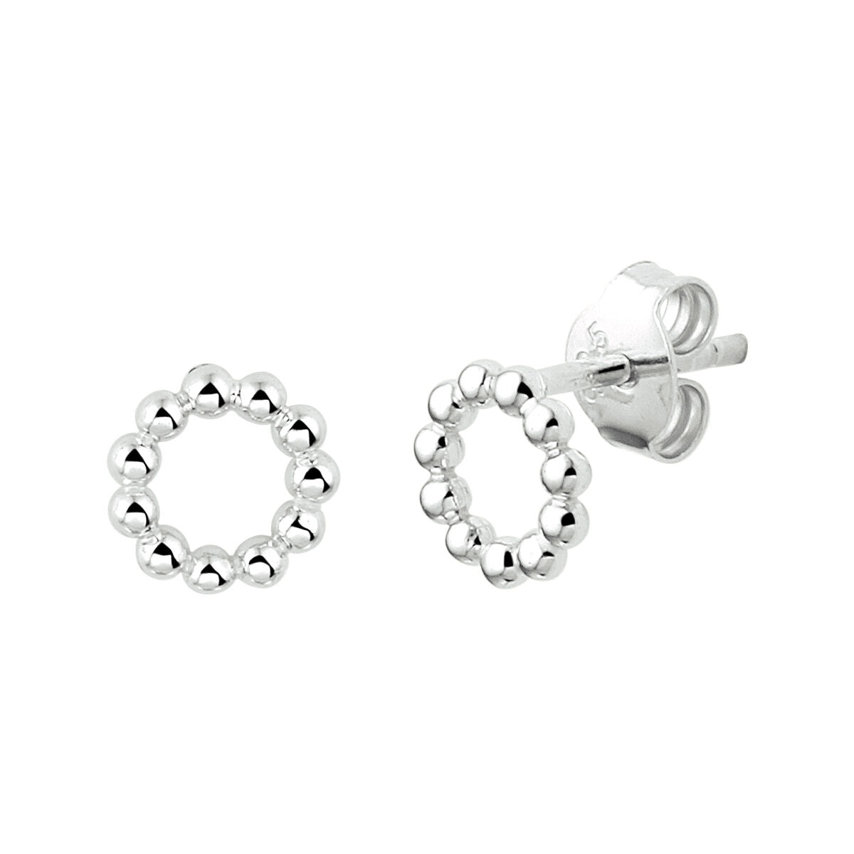 Pendientes de aro con bolitas de plata rodiada.