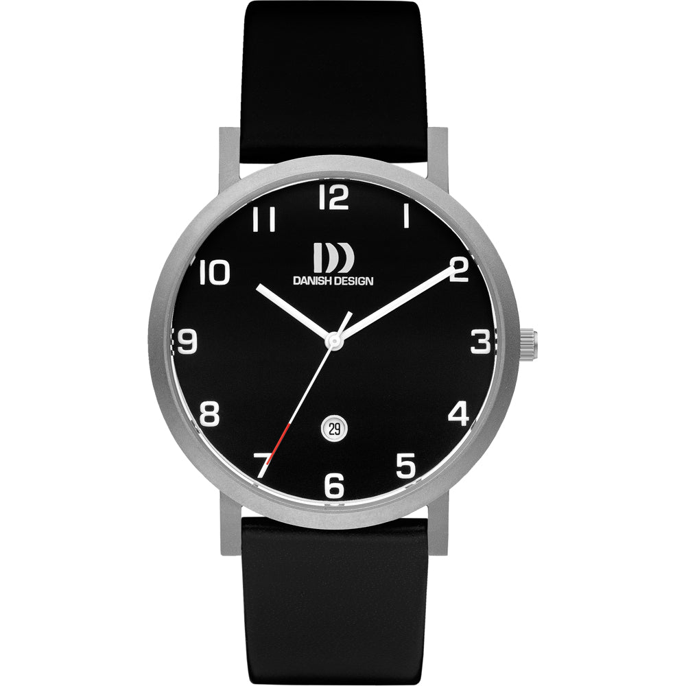 Reloj de esfera negra con números blancos, caja plateada y correa de silicona negra.