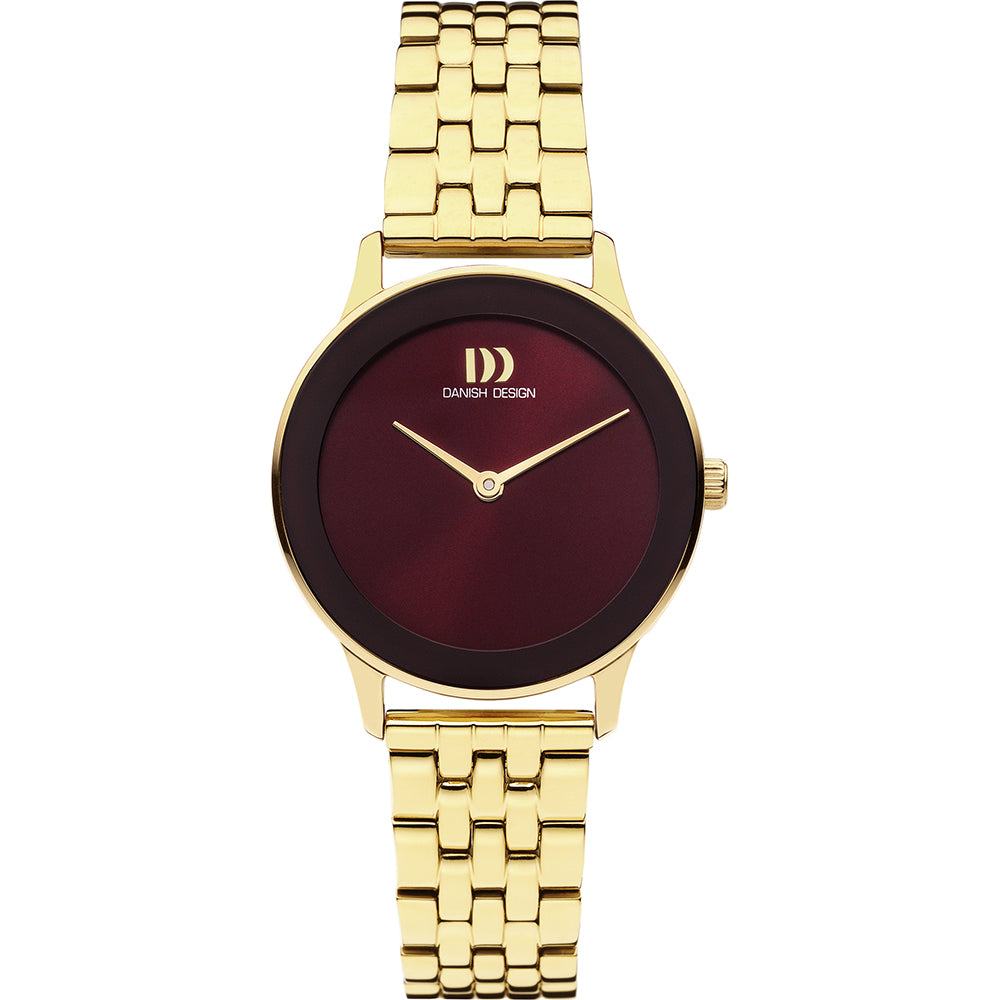 Reloj de mujer con esfera burdeos y correa dorada, diseño minimalista y elegante.