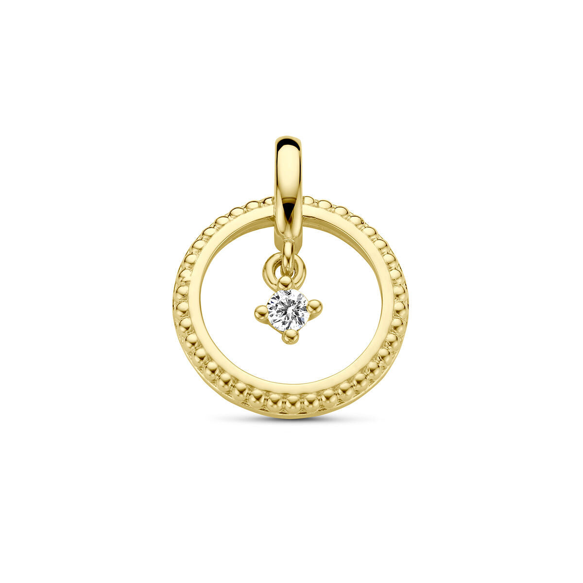 Colgante circular de oro amarillo de 14K con un diamante de 0.06ct en el centro.