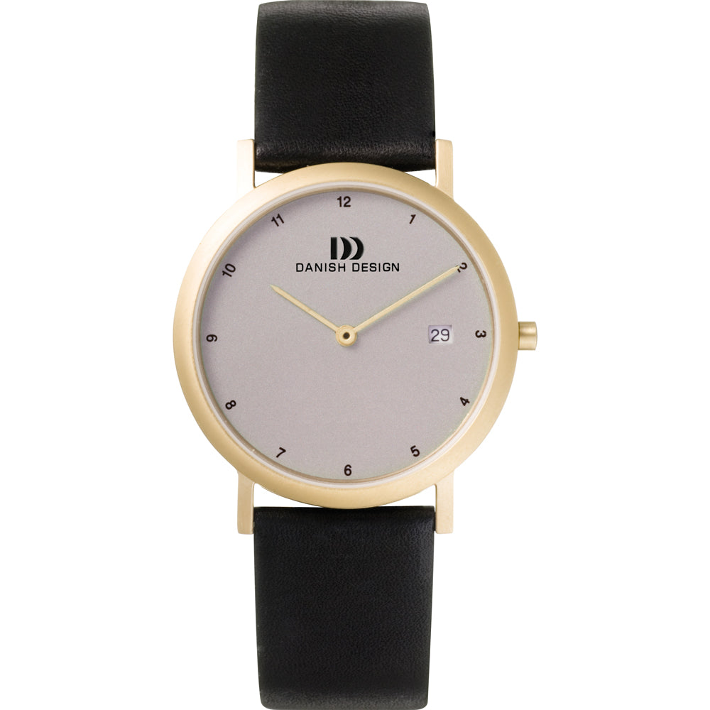 Reloj con esfera gris, caja dorada y correa de cuero negra.