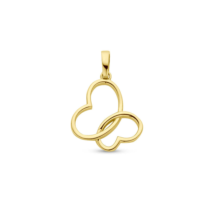 Van der Kooij Collectie hanger vlinder 14K geelgoud - een elegante vlindervormige gouden hanger met een gepolijste afwerking en een kleine haak, perfect om aan een ketting te hangen, afgebeeld op een effen witte ondergrond.