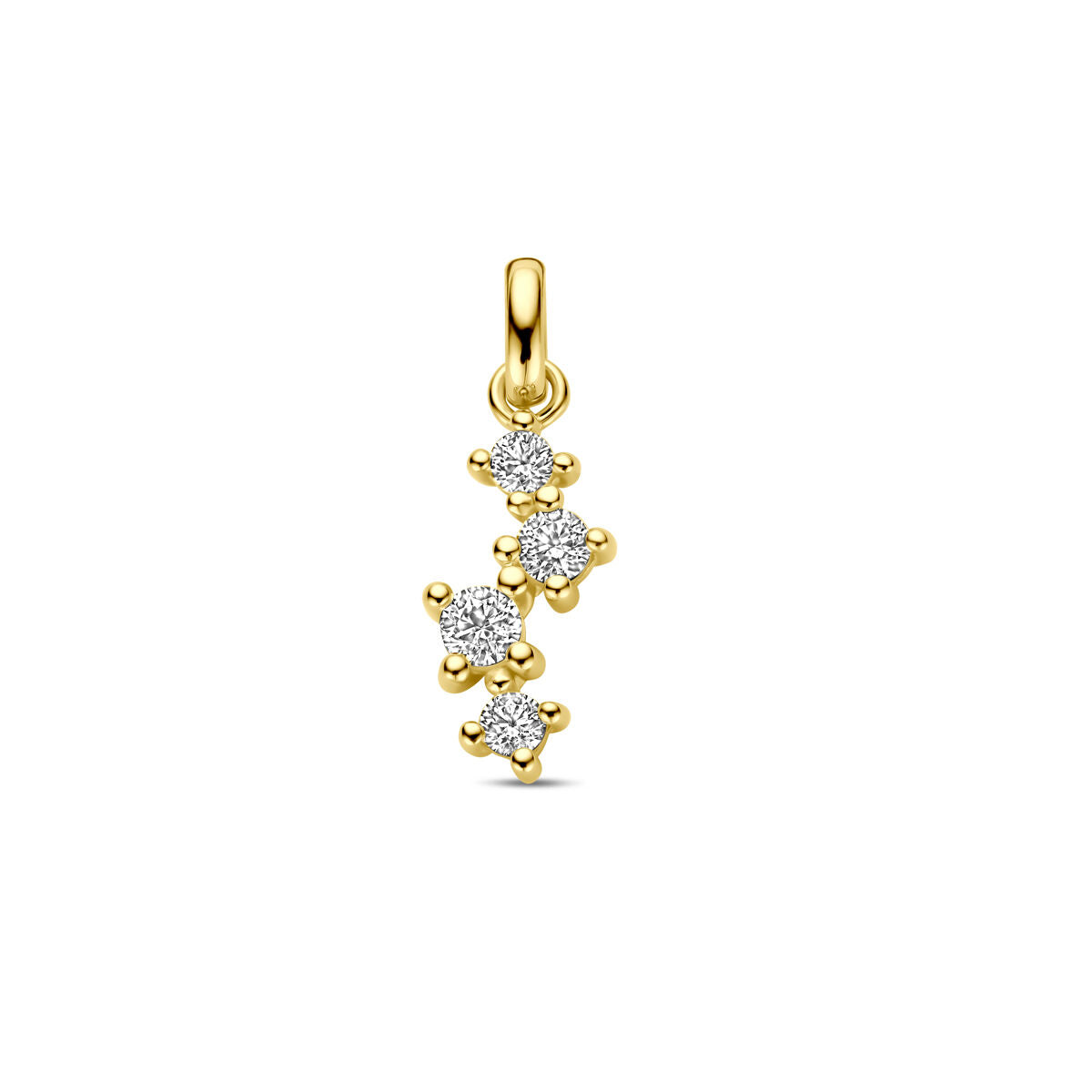 Colgante de oro amarillo de 14K con circonitas brillantes en forma de curva.