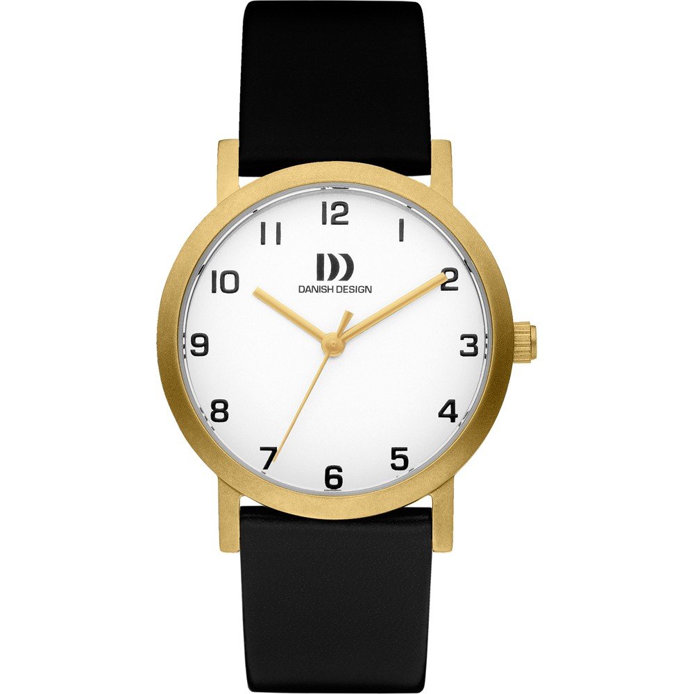 Reloj de esfera blanca con caja dorada y correa de cuero negra.