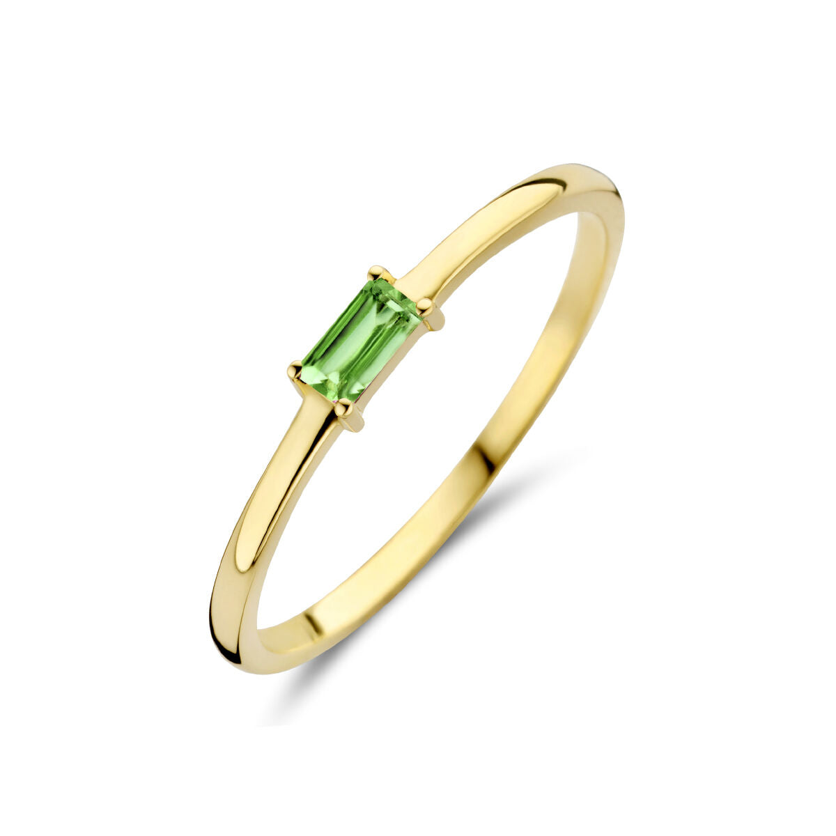 Anillo de oro amarillo de 14K con una esmeralda rectangular en el centro.