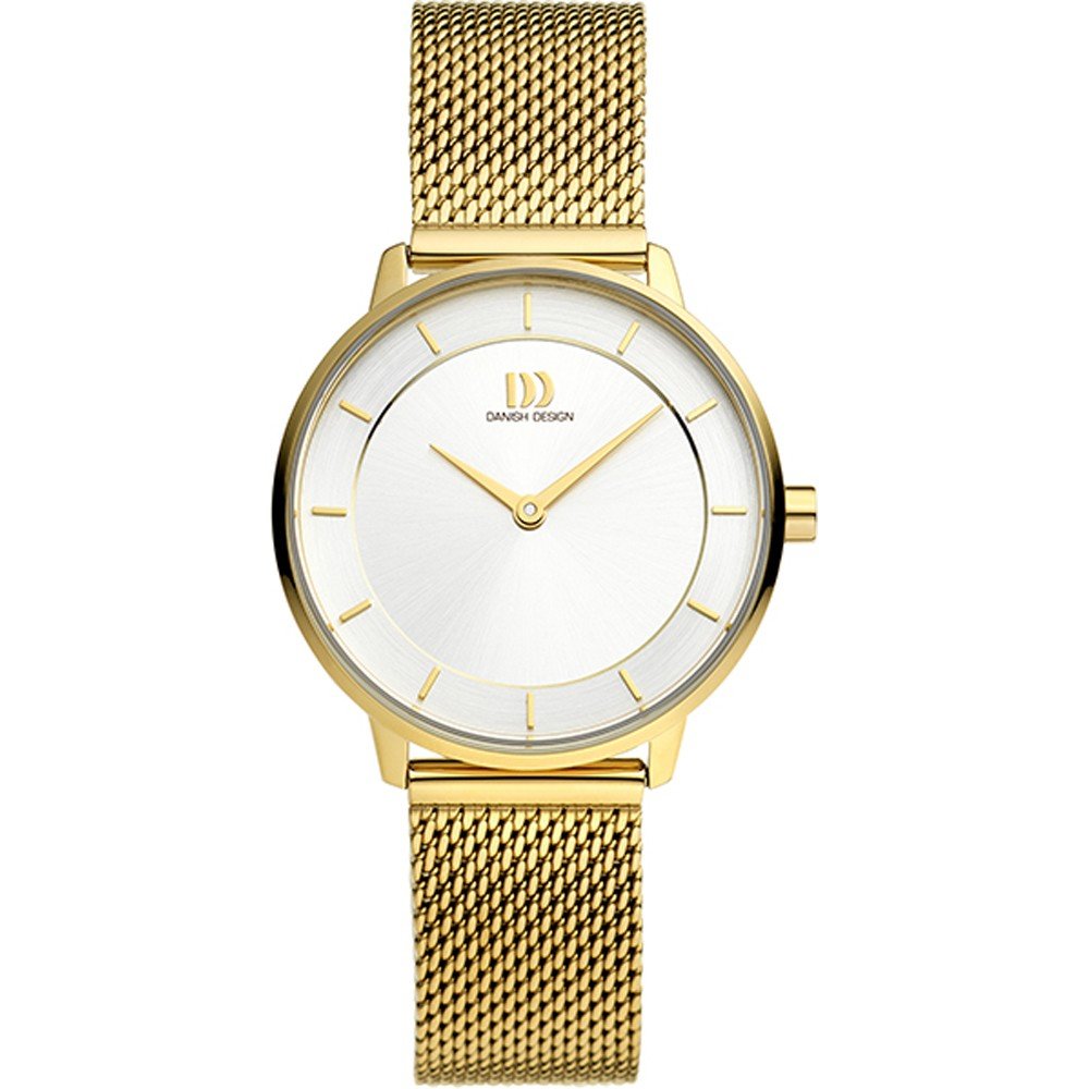 Reloj de esfera blanca con caja dorada y correa de malla dorada.