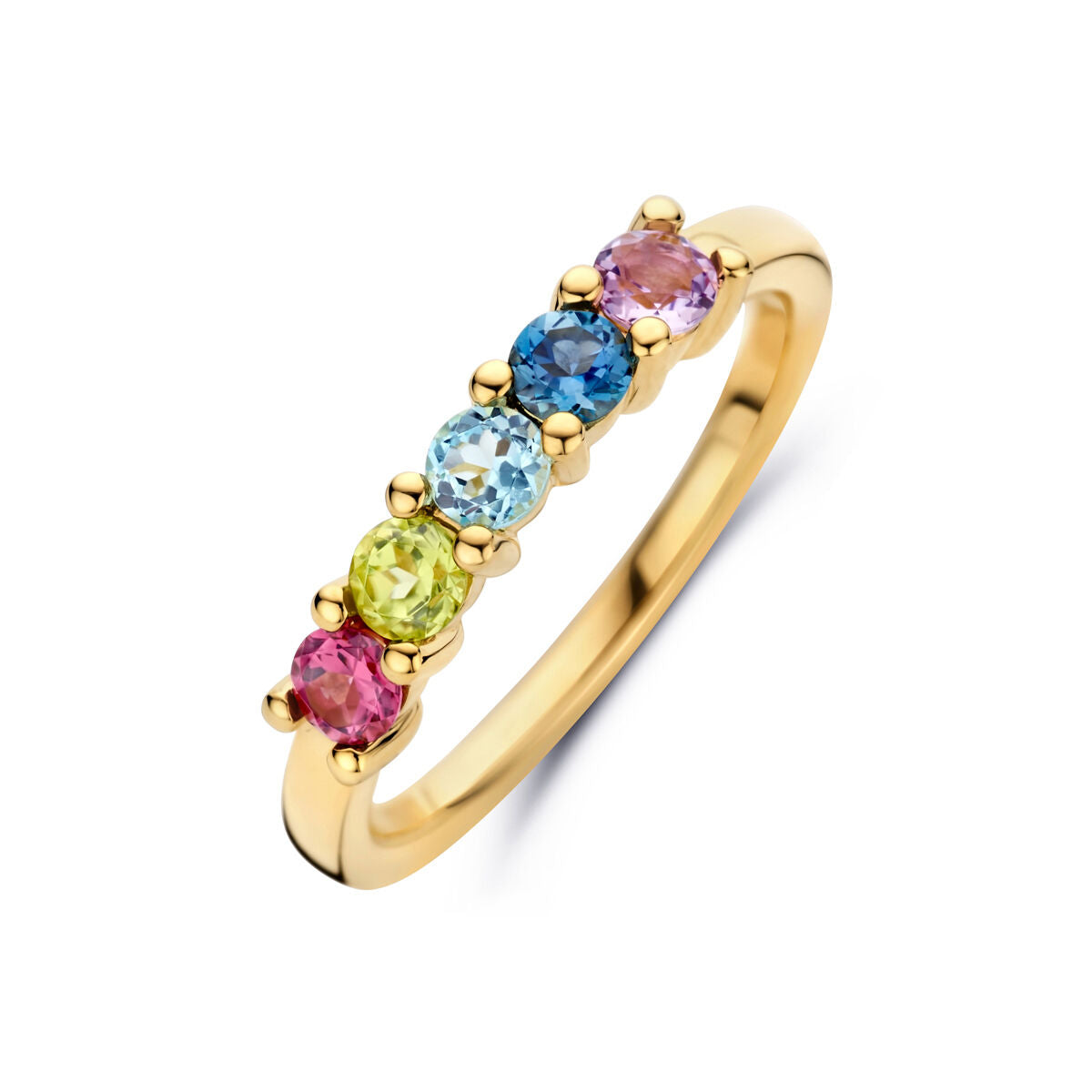 Anillo de oro amarillo de 14K con cinco piedras preciosas de colores naturales.