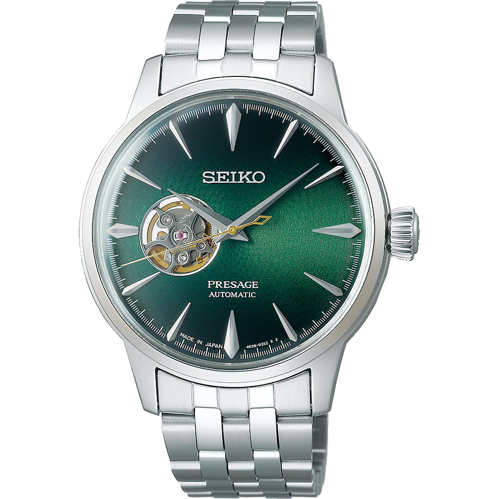 Reloj de hombre Seiko Presage con esfera verde, correa de acero inoxidable y diseño automático.