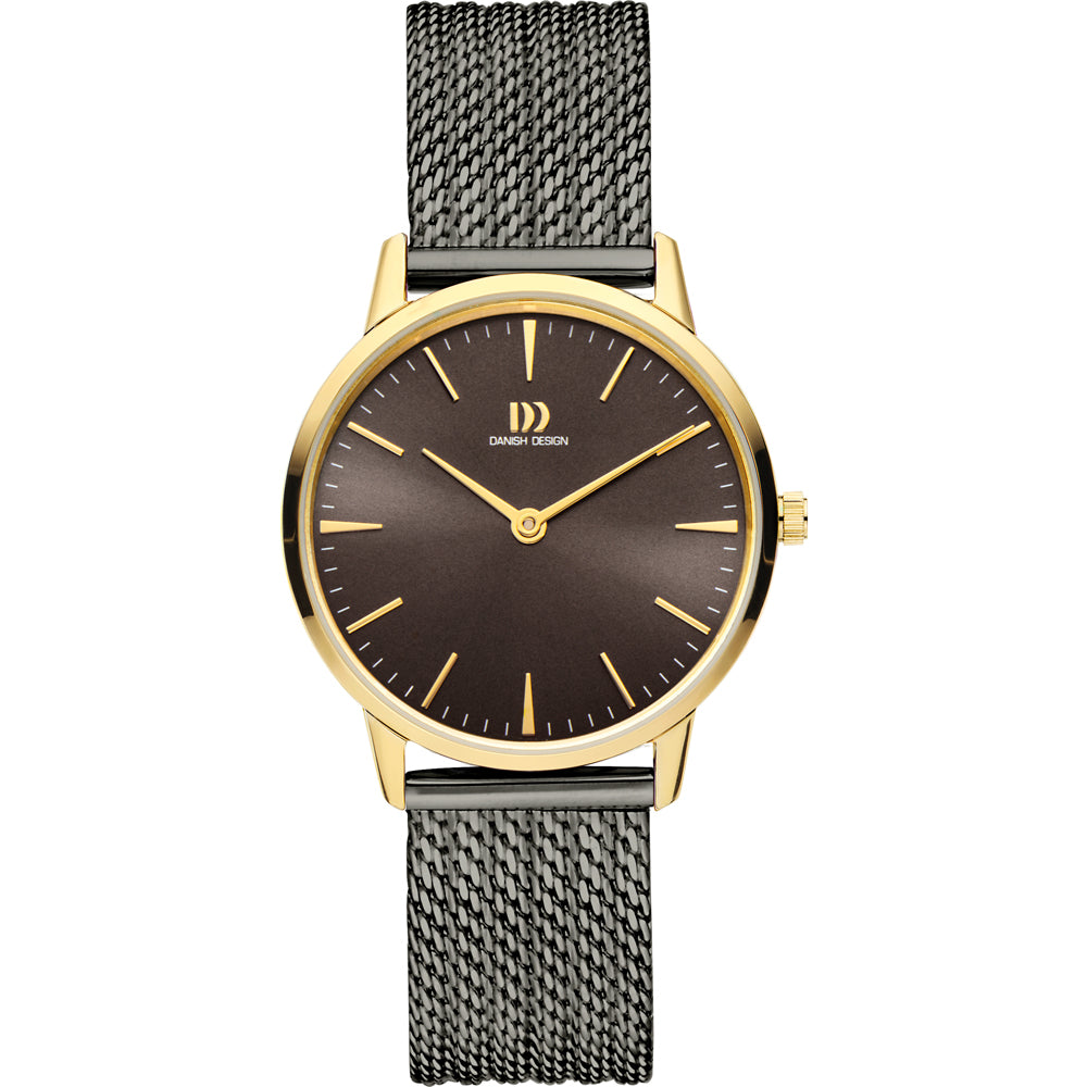 Reloj con esfera marrón, caja dorada y correa de malla metálica gris.