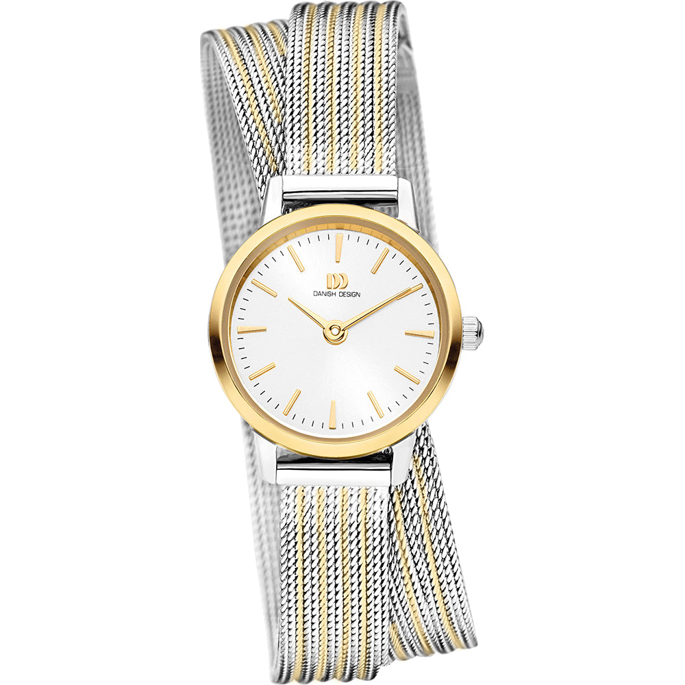 Reloj con esfera blanca, caja dorada y correa de malla plateada con detalles dorados.