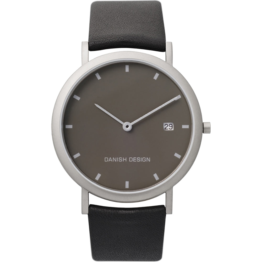 Reloj con esfera gris, caja plateada y correa de cuero negra, con indicador de fecha.