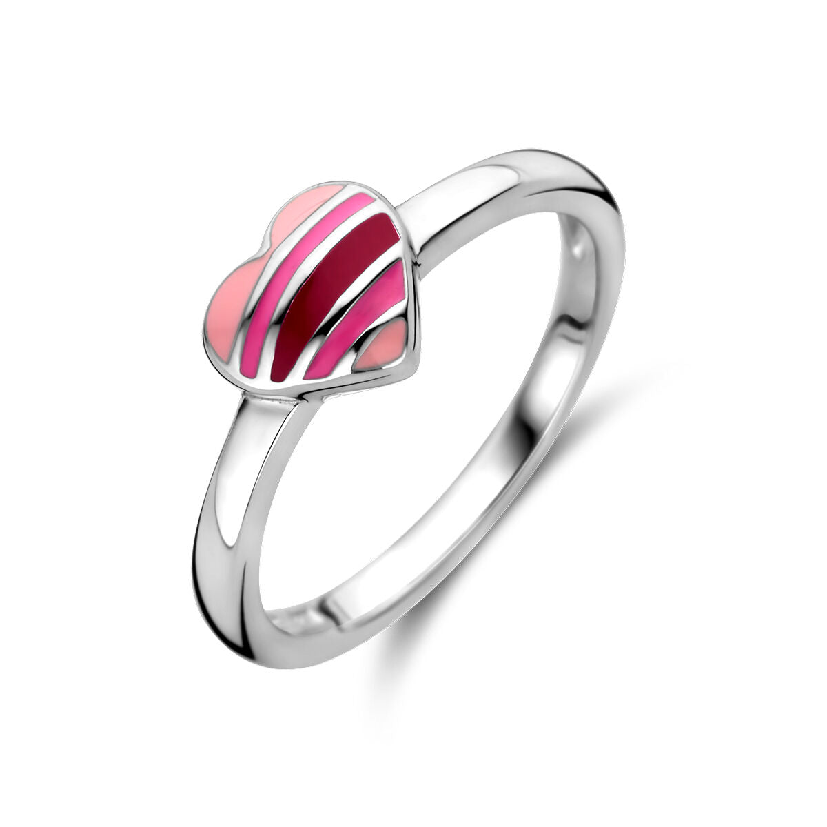 Anillo de plata rodiada con un corazón de colores rosa y rojo con rayas.