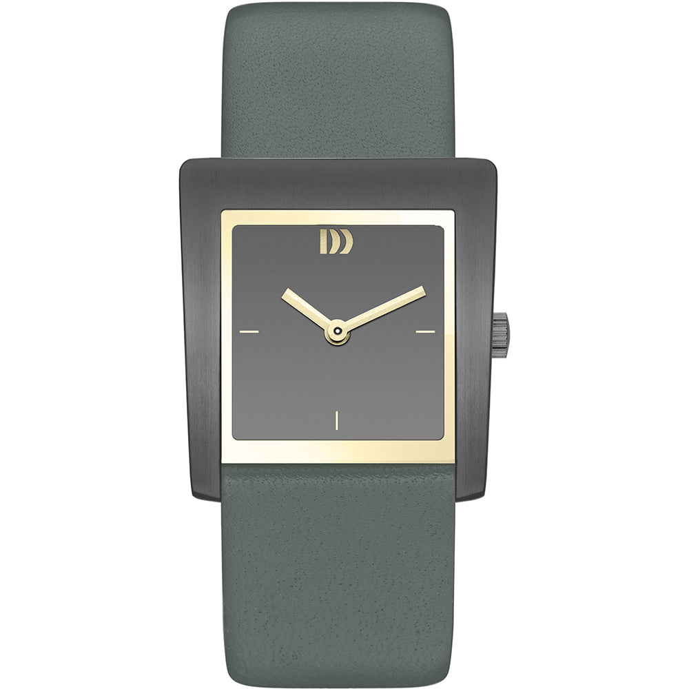 Reloj rectangular con esfera gris y correa de cuero verde.