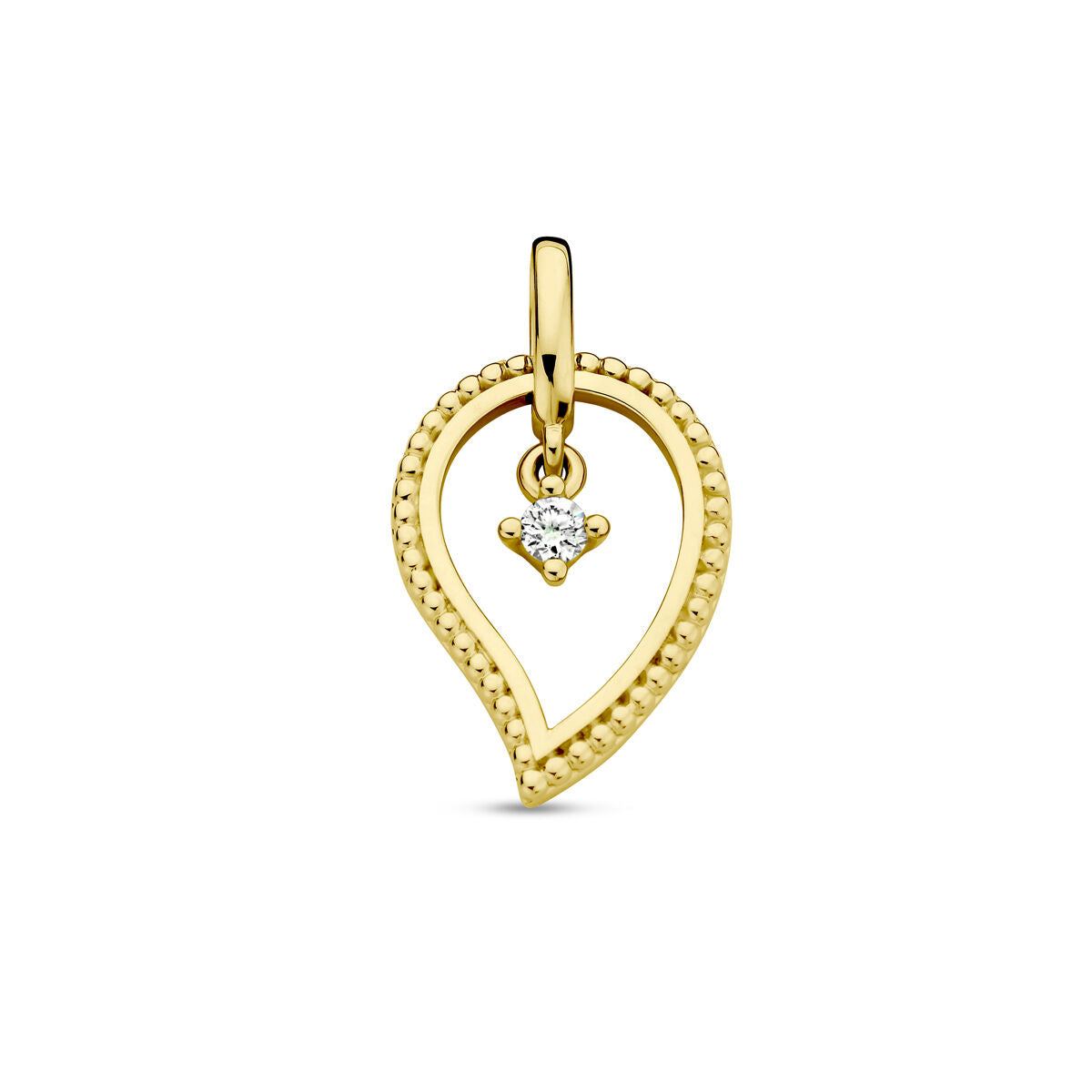 Colgante de oro amarillo de 14K con diamante de 0.06 ct en forma de gota.