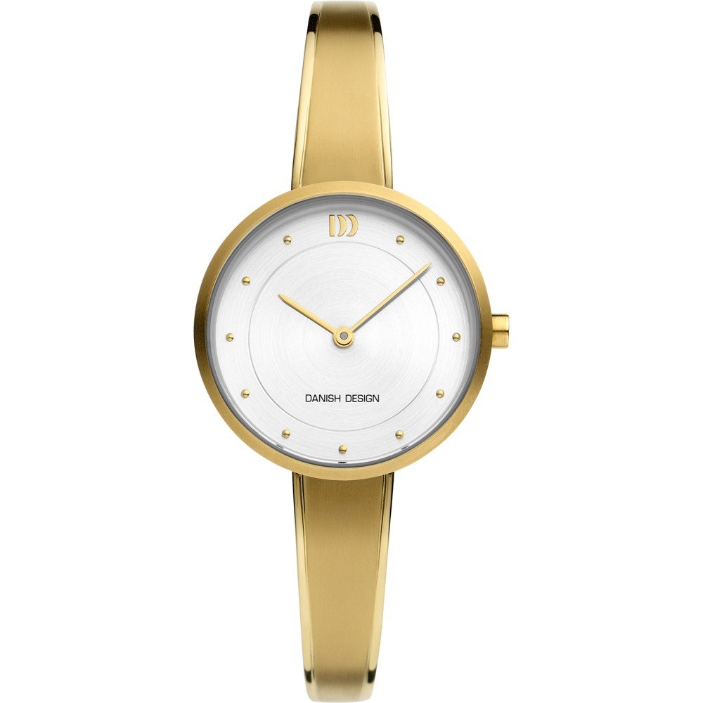 Reloj de esfera blanca con correa dorada y detalles minimalistas en la carátula.