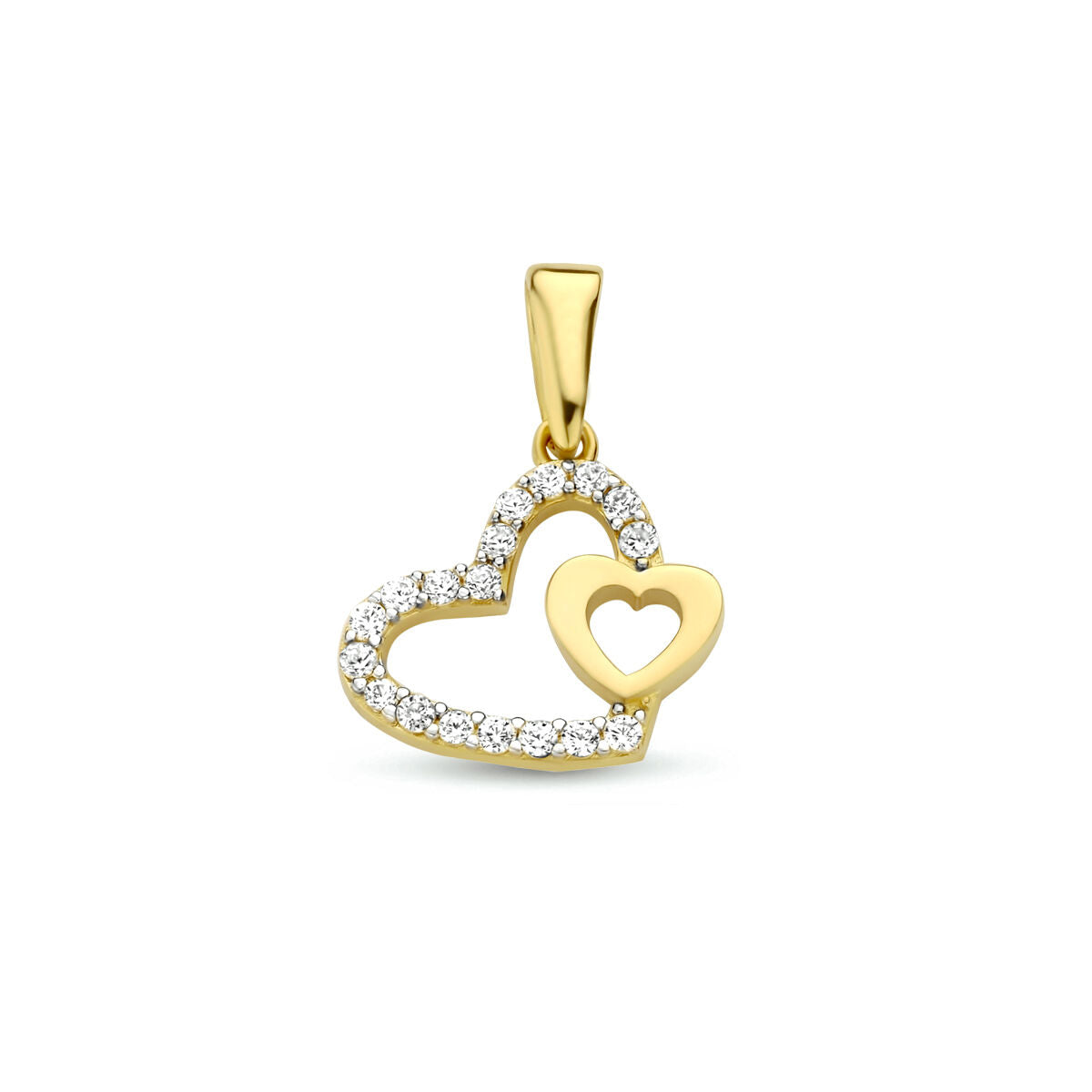 Colgante de corazones en oro amarillo de 14K con circonitas brillantes.