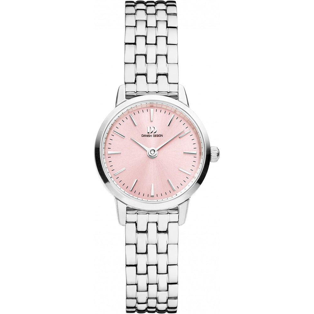 Reloj con esfera rosa, caja plateada y pulsera de eslabones metálicos.