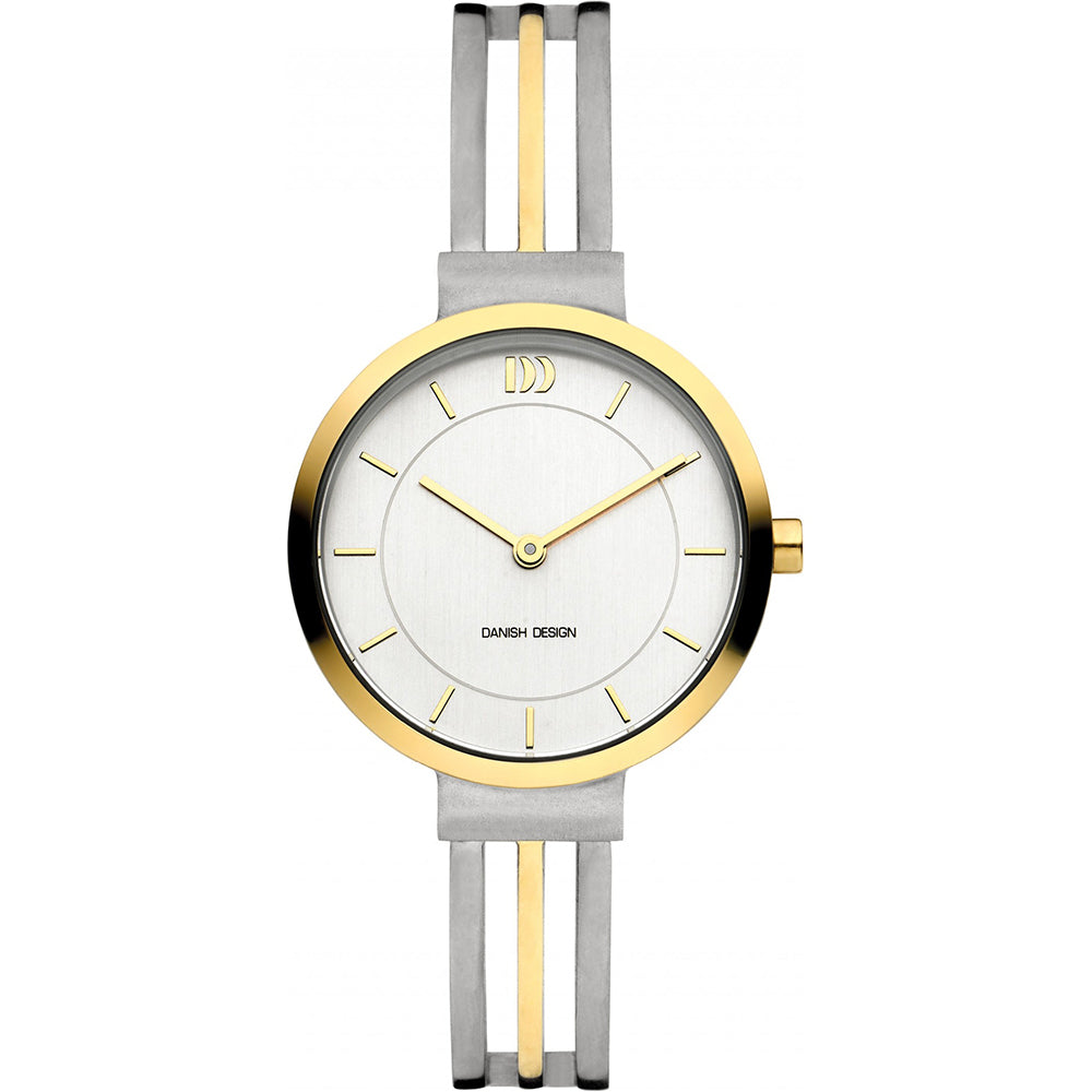 Reloj con esfera blanca, caja dorada y correa de dos tonos en gris y dorado.