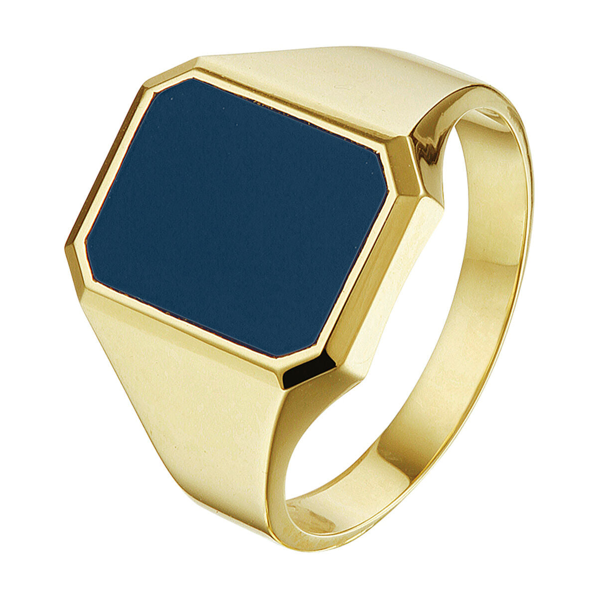 Anillo de sello de oro amarillo de 14K con piedra de capas en forma hexagonal.