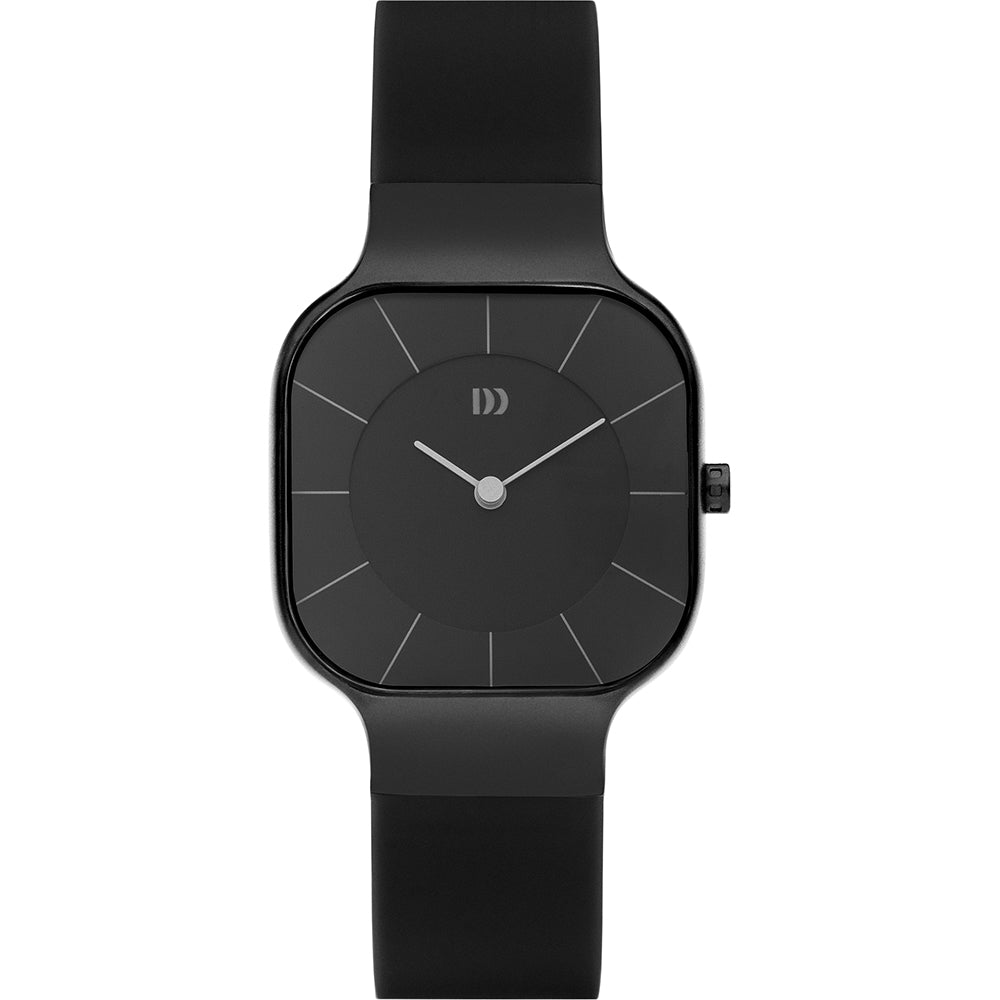 Reloj cuadrado negro con correa de silicona y esfera minimalista.