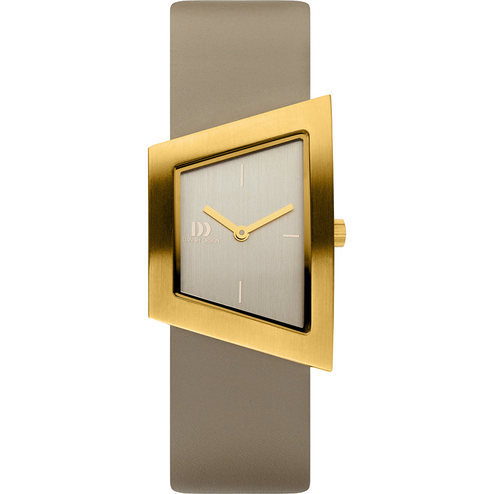 Reloj cuadrado con caja dorada y correa de silicona gris.