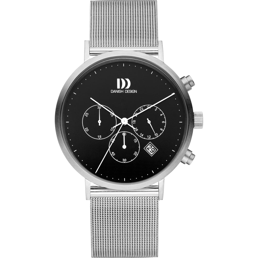 Reloj de acero inoxidable con esfera negra y correa de malla metálica.