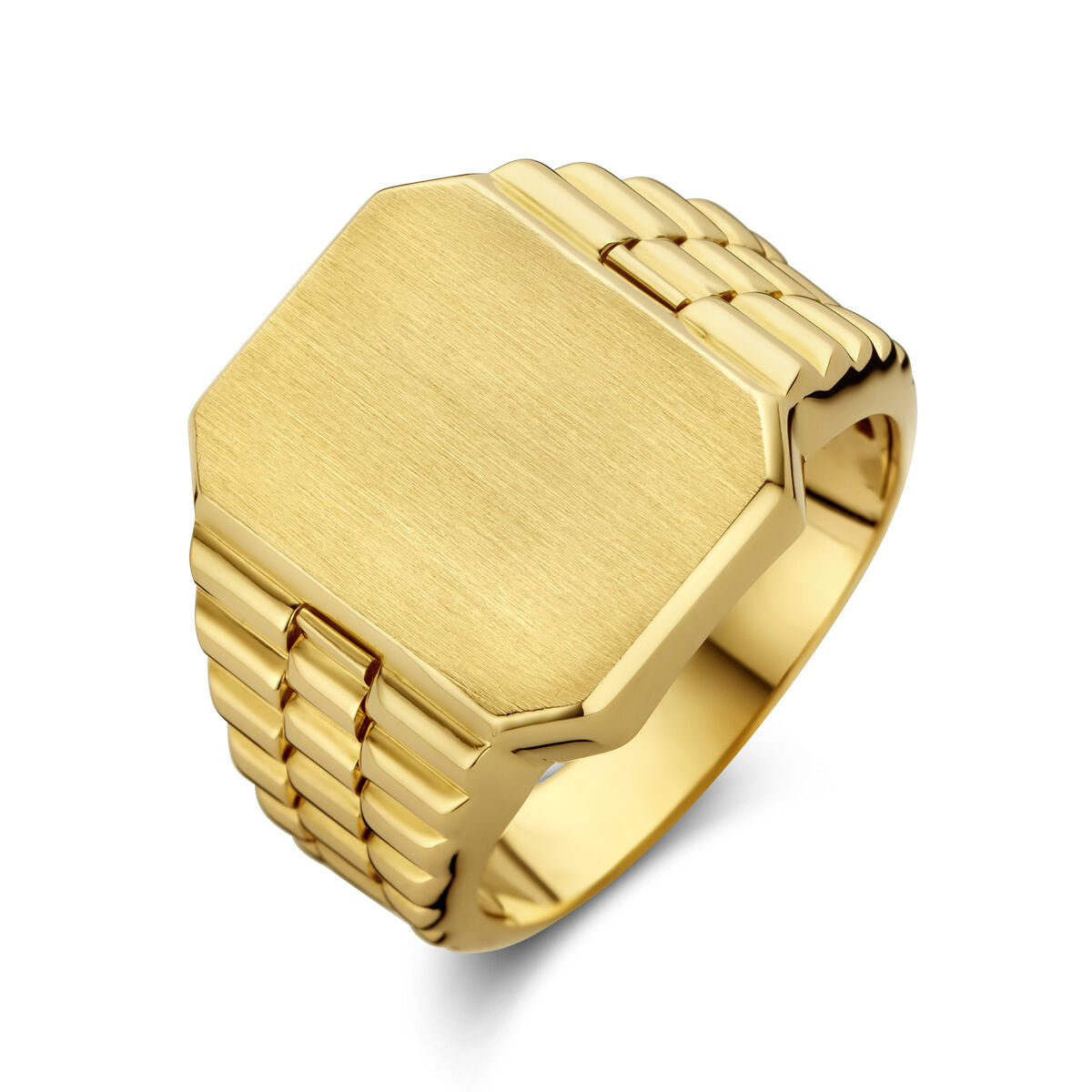 Anillo de 14K en oro amarillo, con acabado mate y diseño hexagonal.