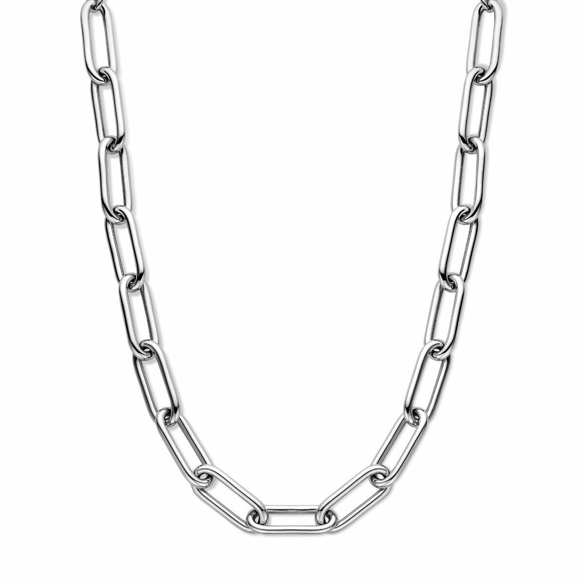Collar de eslabones tipo paperclip en plata rodiada, con tubos redondos de 11,5 mm.