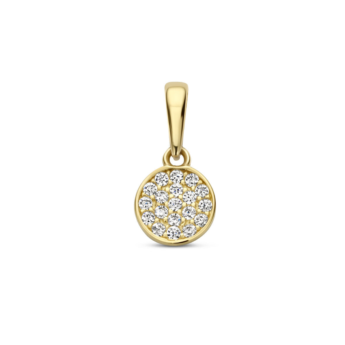 Colgante redondo de zirconia en oro amarillo de 14 quilates.