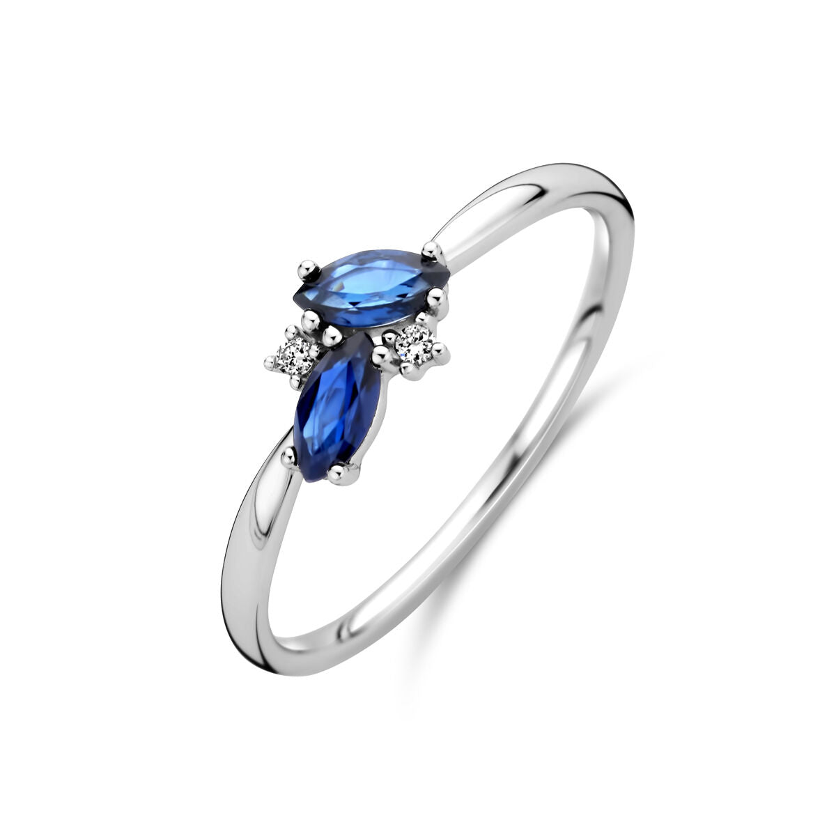 Anillo de oro blanco de 14K con zafiros y diamantes de 0.02ct, diseño delicado y brillante.