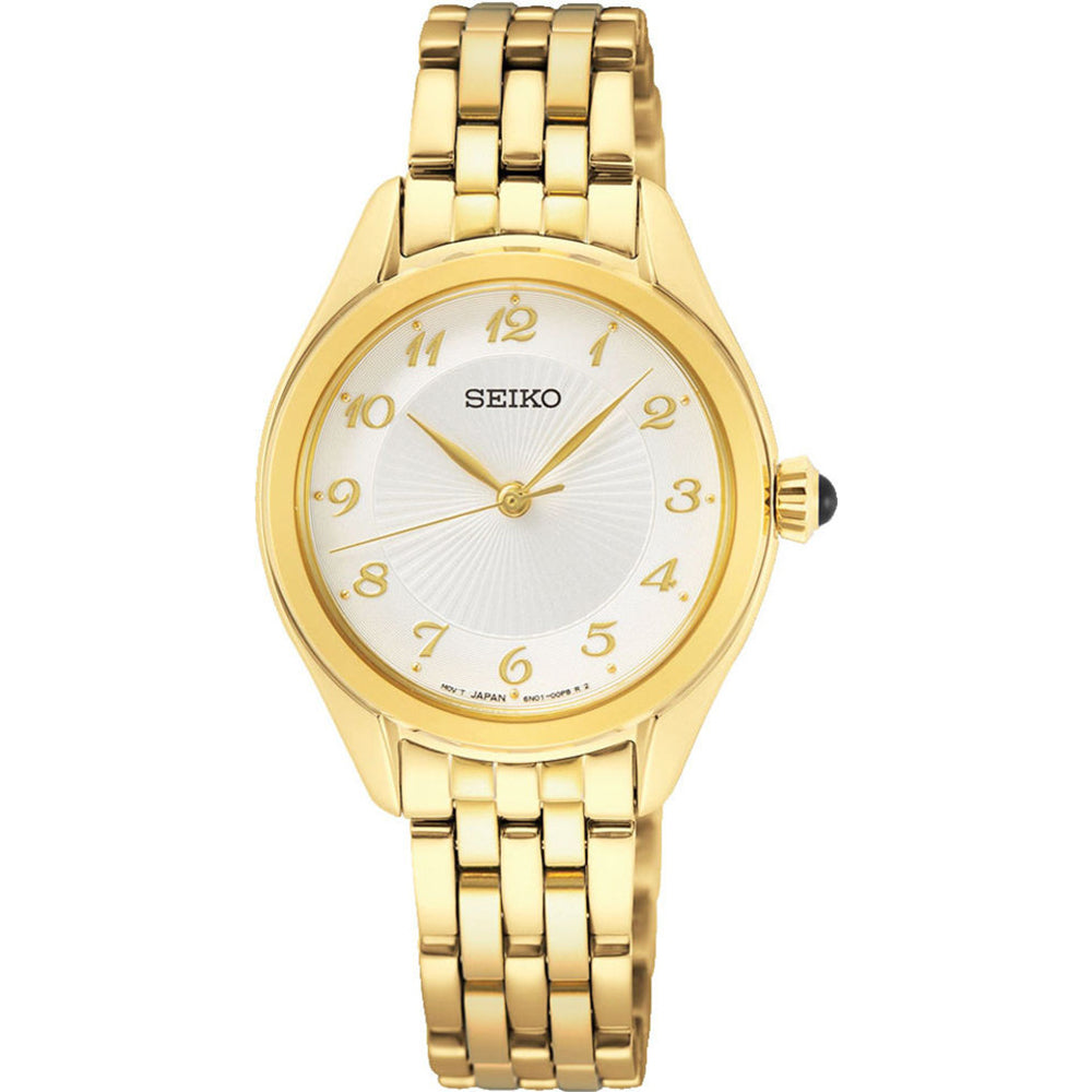 Reloj de mujer Seiko con caja dorada, esfera plateada y pulsera de eslabones dorados.