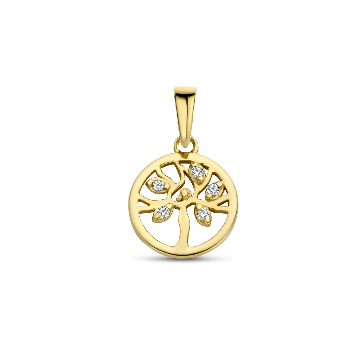 Colgante de árbol de la vida en oro amarillo de 14K con circonitas brillantes.