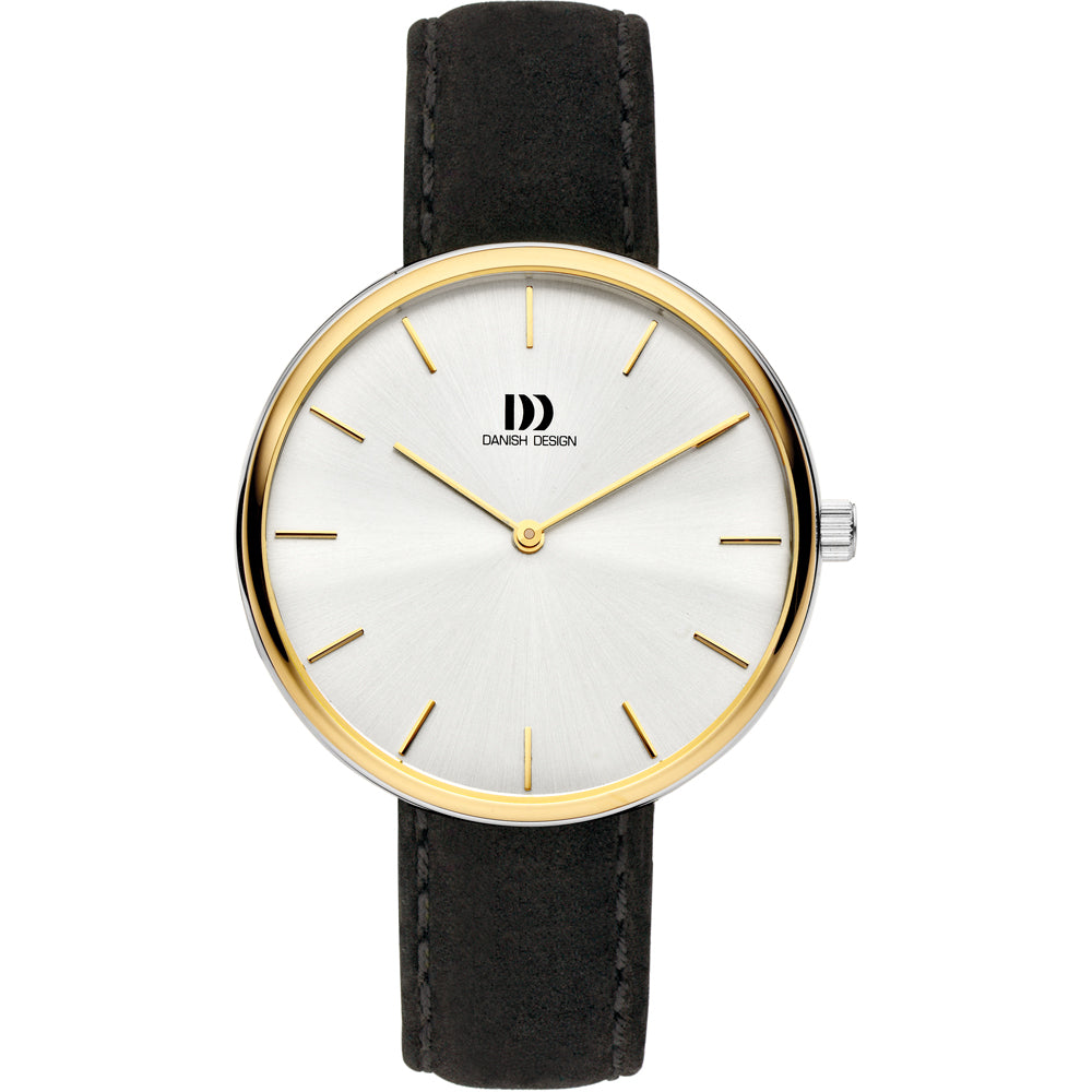 Reloj de hombre con esfera blanca, correa de cuero negra y detalles dorados.