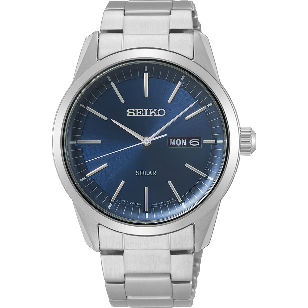 Reloj de hombre Seiko con esfera azul, correa de acero inoxidable y función solar.
