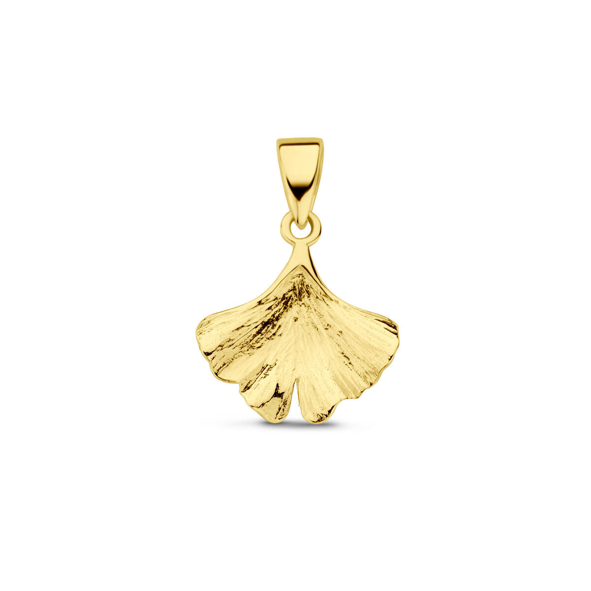 Colgante de hoja de ginkgo en oro amarillo de 14 quilates con textura detallada.