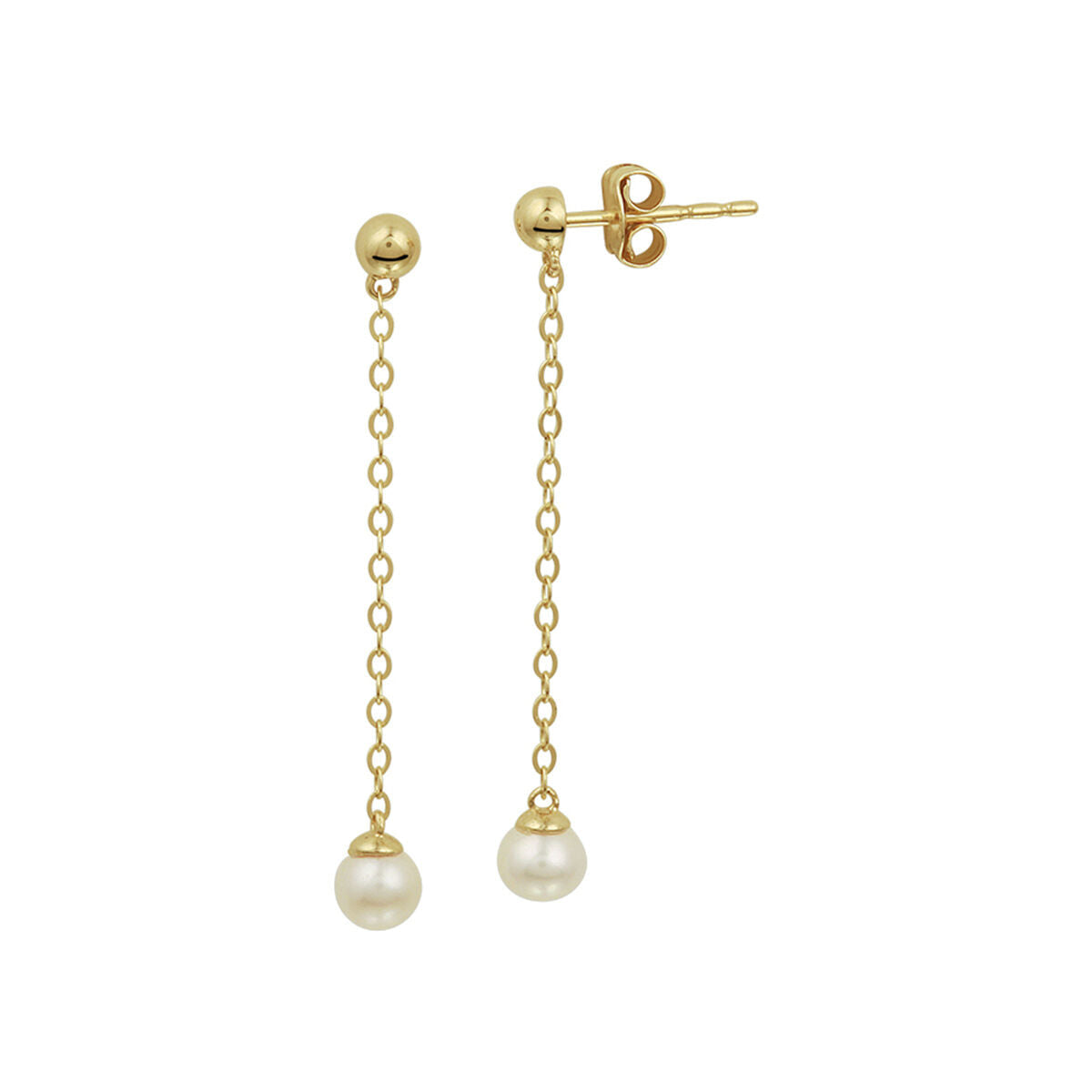 Pendientes largos de perlas en oro amarillo de 14 quilates con cadenas delicadas.