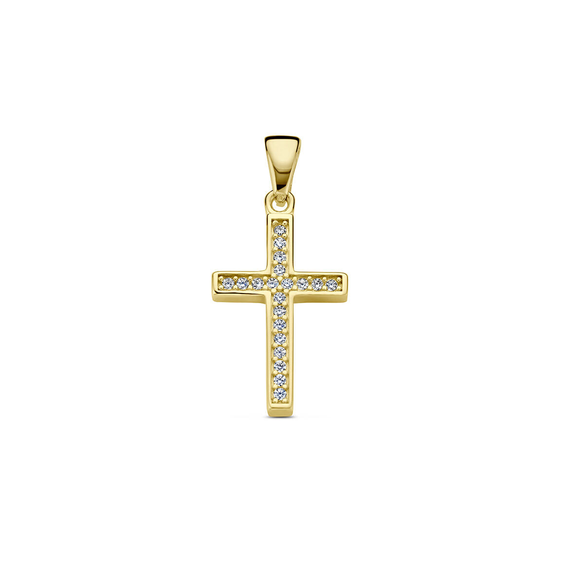 Colgante de cruz en oro amarillo de 14K con zirconias brillantes.