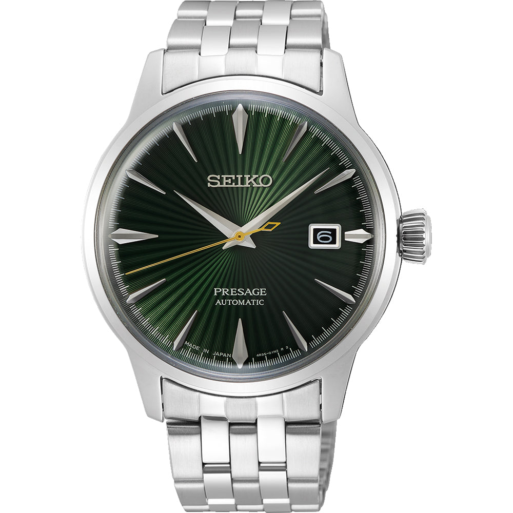 Reloj de hombre Seiko Presage con esfera verde, acabado plateado y correa de acero inoxidable.