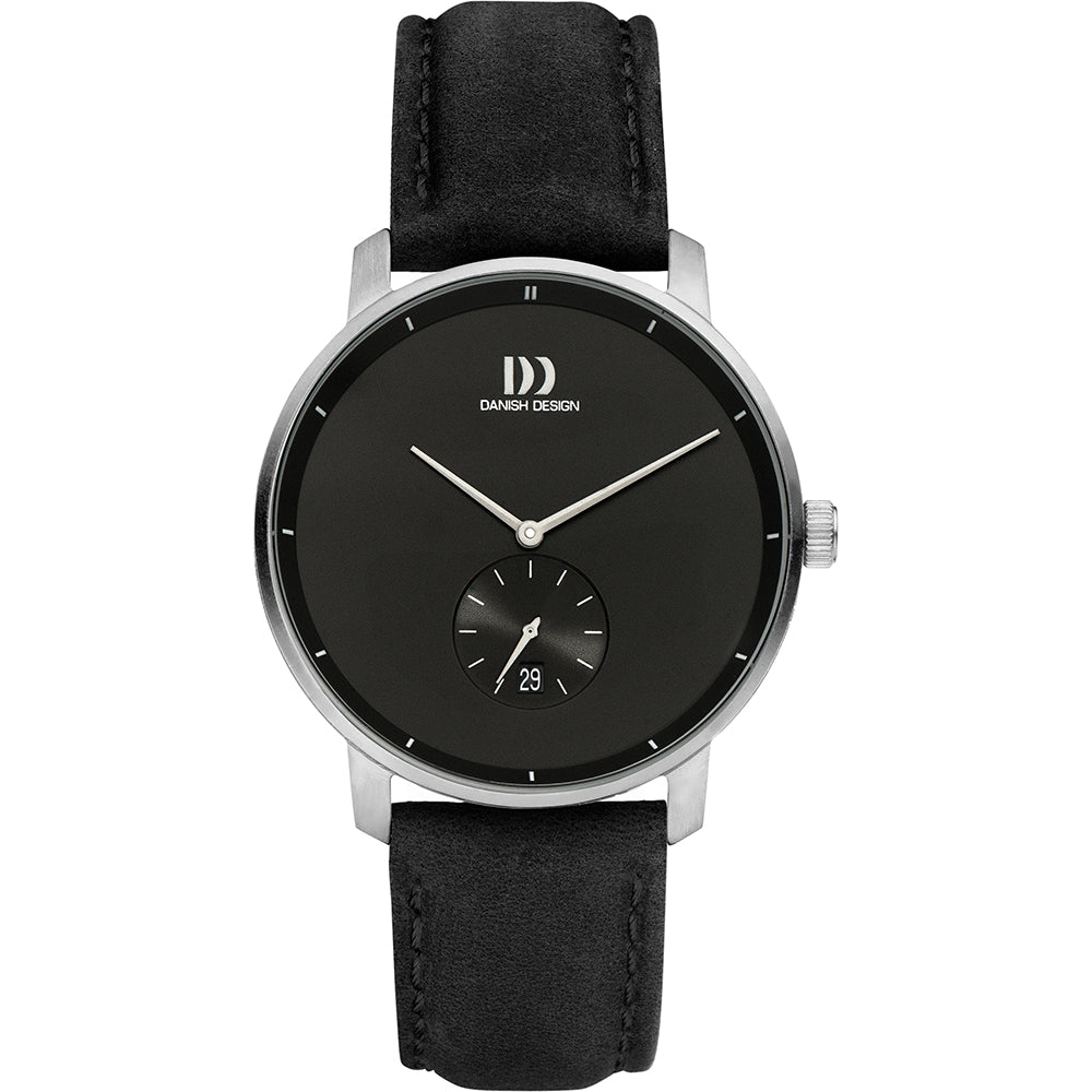 Reloj con esfera negra, correa de cuero negra y detalles plateados, indicador de fecha en la parte inferior.