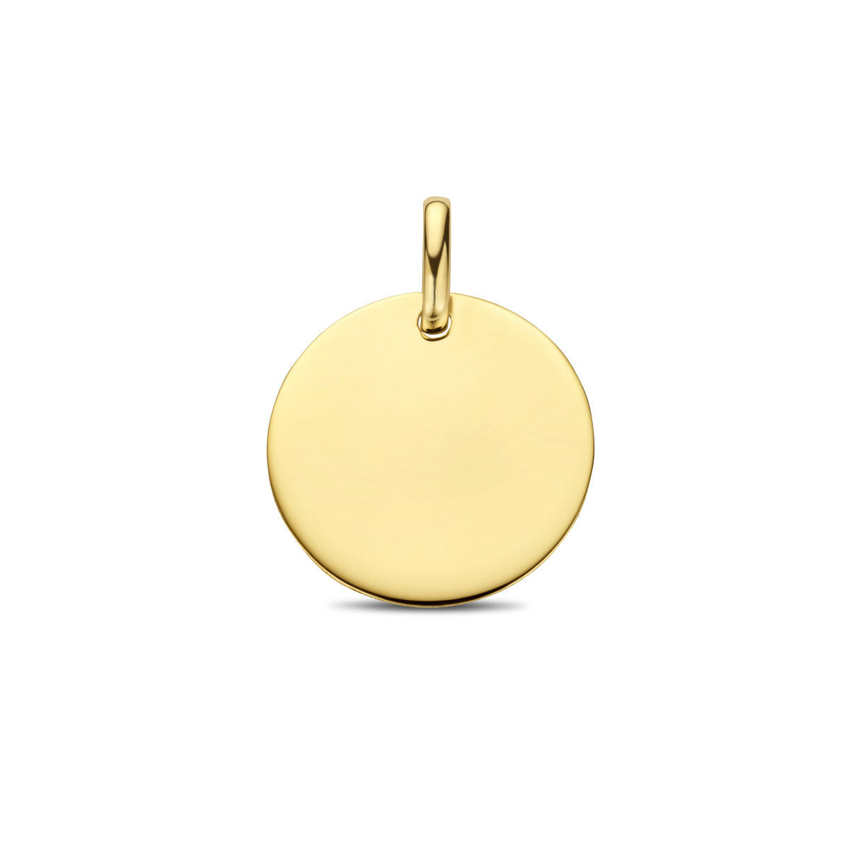 Colgante redondo de 14K en oro amarillo, con superficie lisa y brillante.