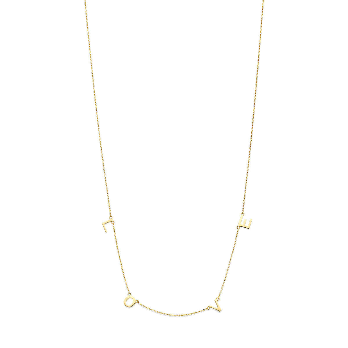 Collar de oro amarillo de 14K con detalles en forma de letras, disponible en 38, 40 y 42 cm.