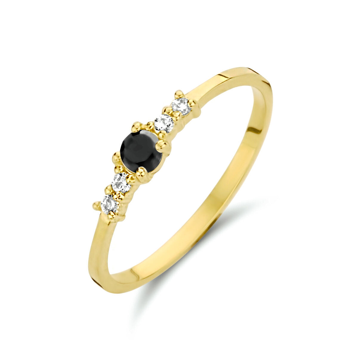 Anillo de oro amarillo de 14K con circonitas negras y blancas.