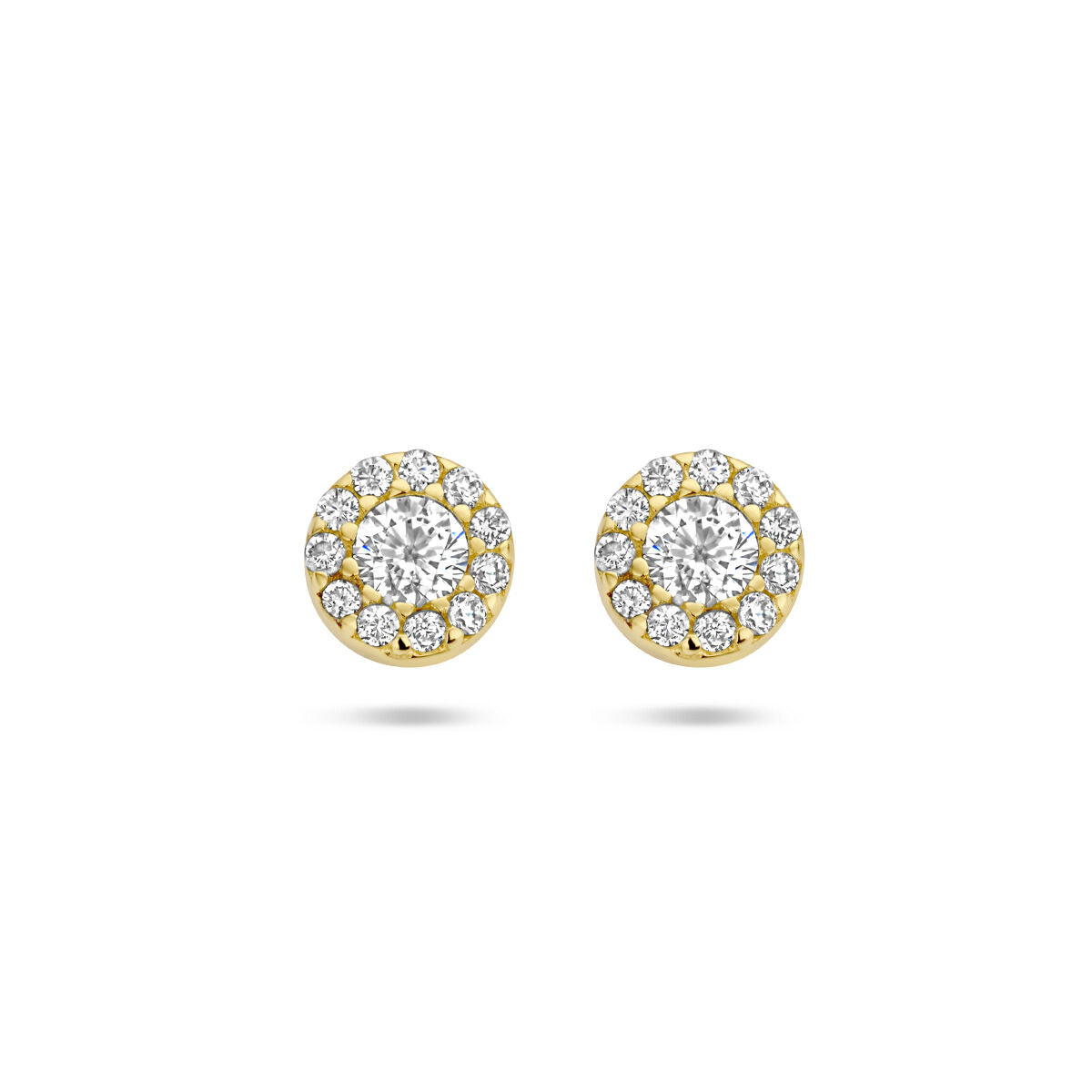 Pendientes de halo de zircón en oro amarillo de 14K, con un diseño redondo y brillante.