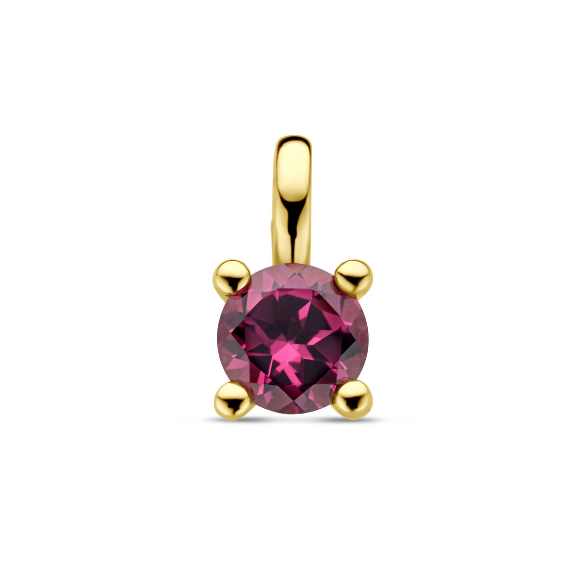 Colgante de rodolita rosa en oro amarillo de 14 quilates, con un diseño redondo y engaste de cuatro garras.