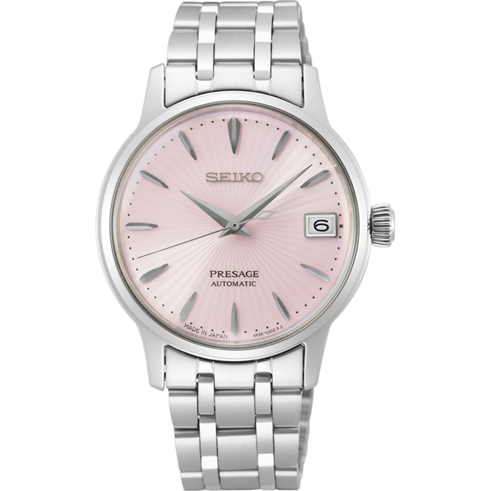 Reloj de dama Seiko Presage con esfera rosa, caja plateada y pulsera de acero inoxidable.